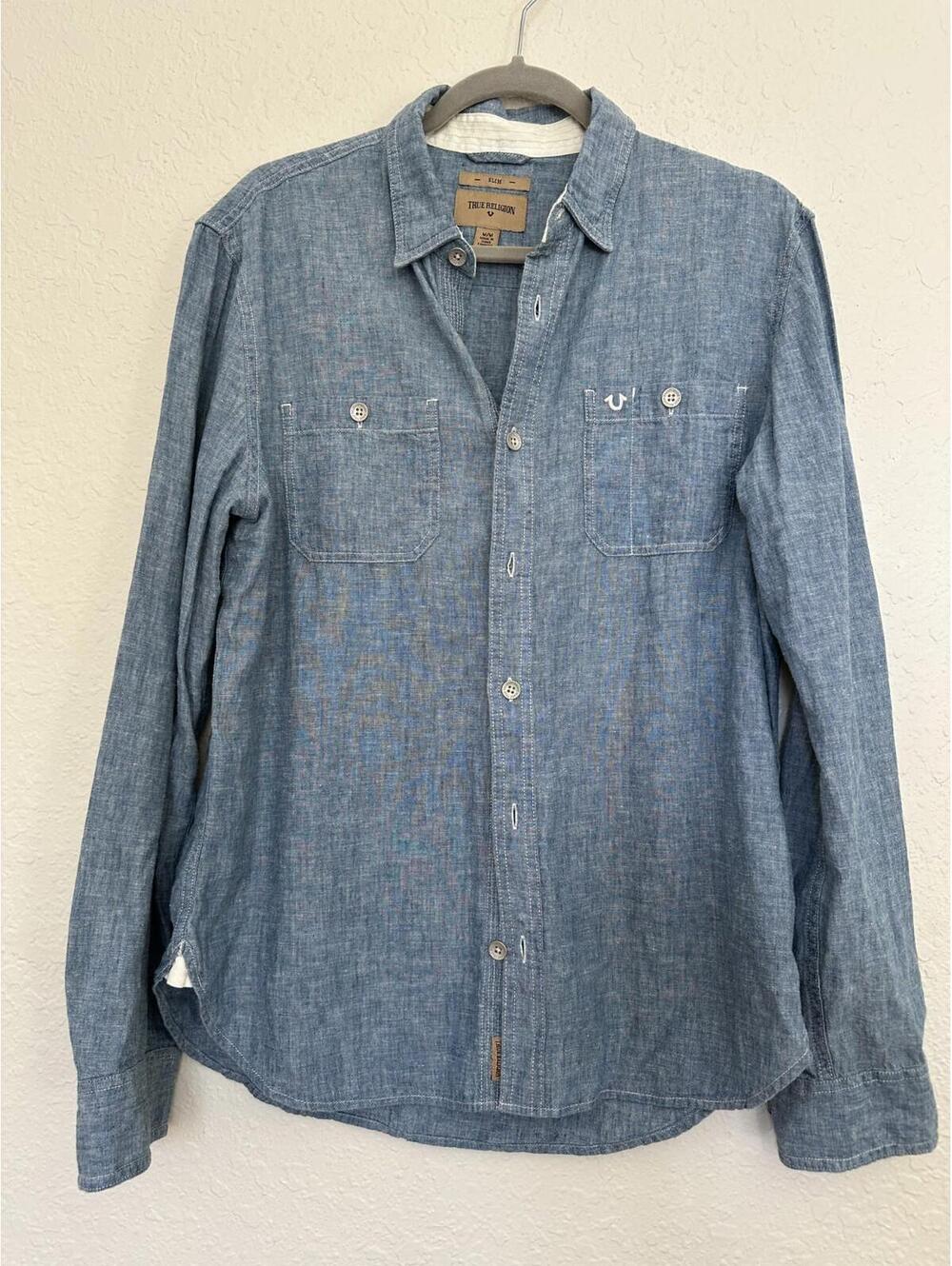 TRUE RELIGION JEAN $158 HERITAGE SLIM MENS WORK SHIRT SZ MEDIUM